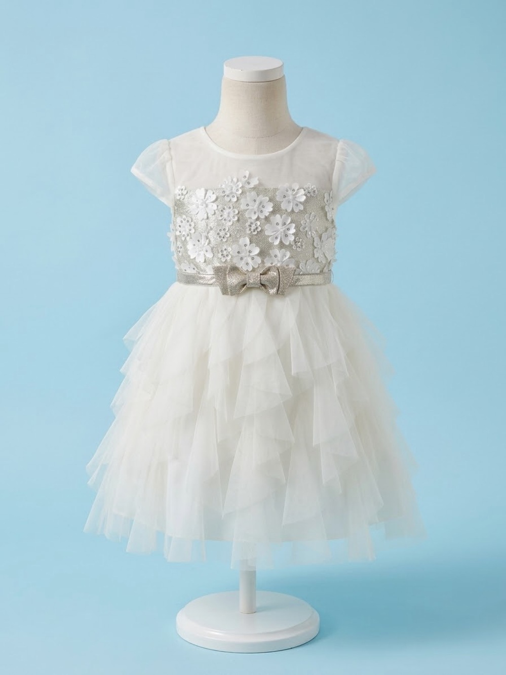 Jona Michelle Ivory Floral Appliqué Tulle Dress with Gold Bow